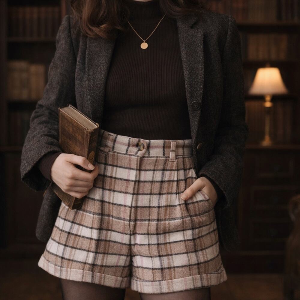 Preppy Plaid Twee Academia Old Money Pleated Cotton Shorts Brown size 22 NWT